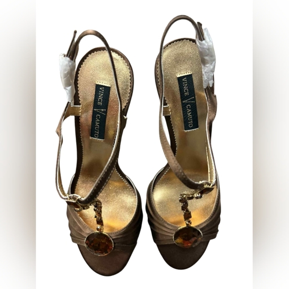 Vince Camuto Satin Brown Bronze Jewelled Heels Size 9 New In Box. - Picture 4 of 6